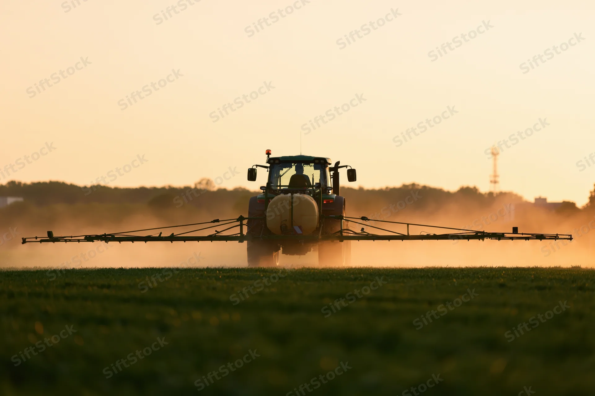 Tractor with wide spray boom applying pesticide across a green field at sunset