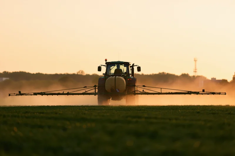 Tractor with wide spray boom applying pesticide across a green field at sunset