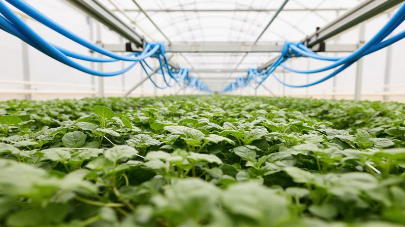 Rows of leafy green plants growing under an automated overhead drip irrigation gantry system in a greenhouse