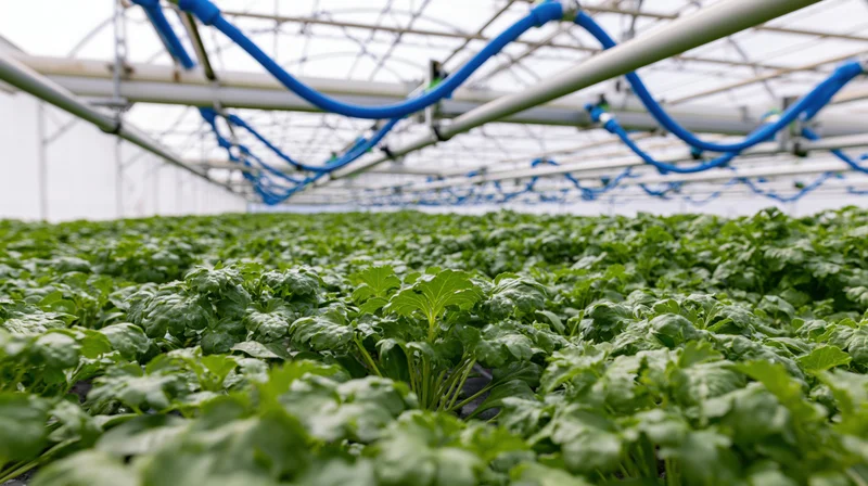 Rows of leafy green plants growing under automated overhead drip irrigation system in greenhouse