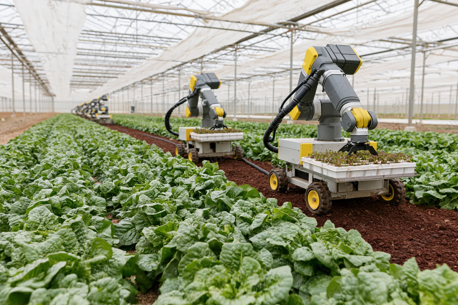 Autonomous robots with robotic arms harvesting lettuce in a greenhouse farm