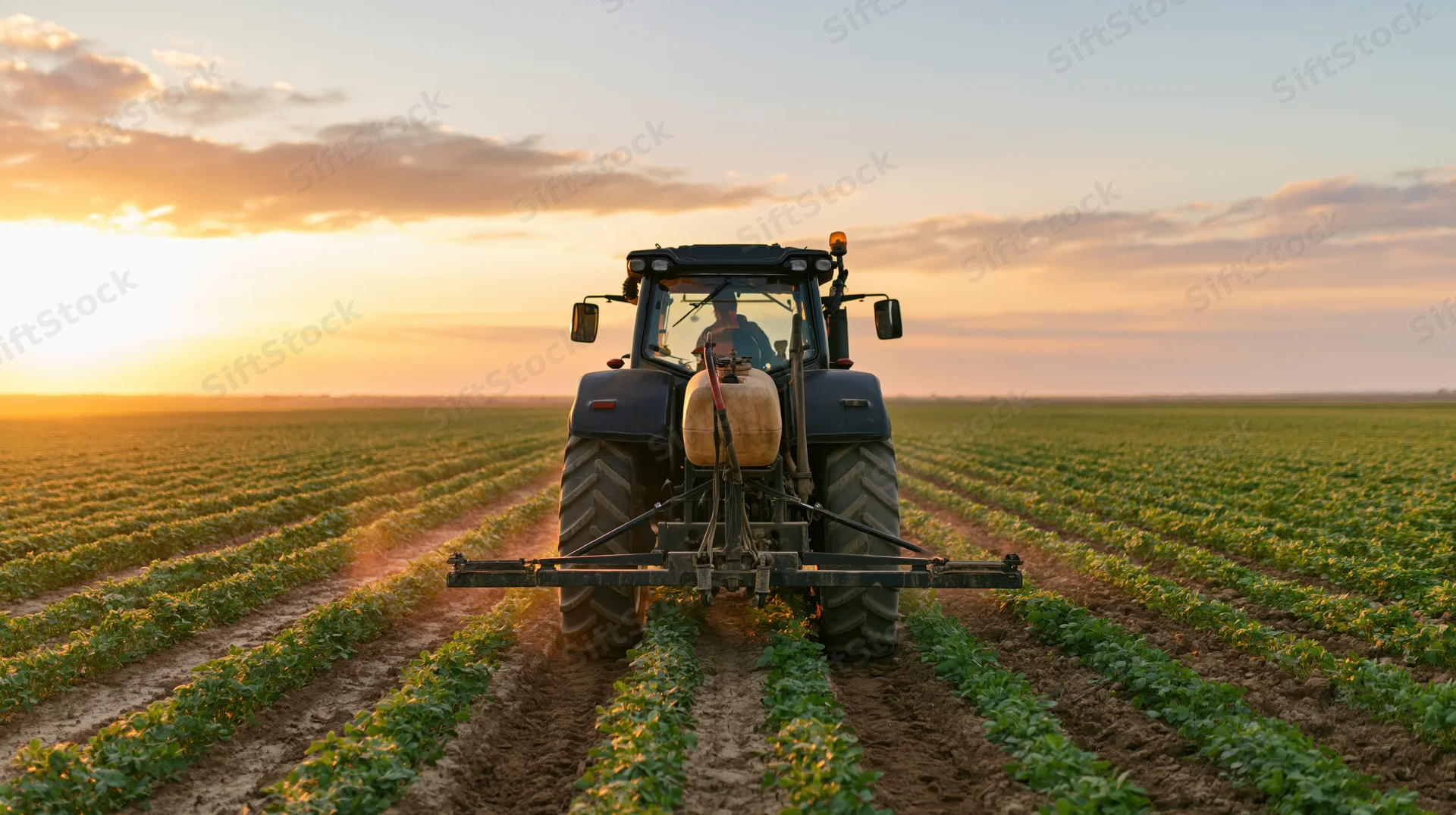 Tractor moving through rows of young crops in a field at sunset