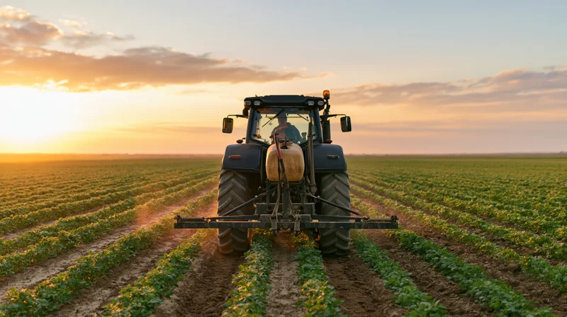 Tractor moving through rows of young crops in a field at sunset