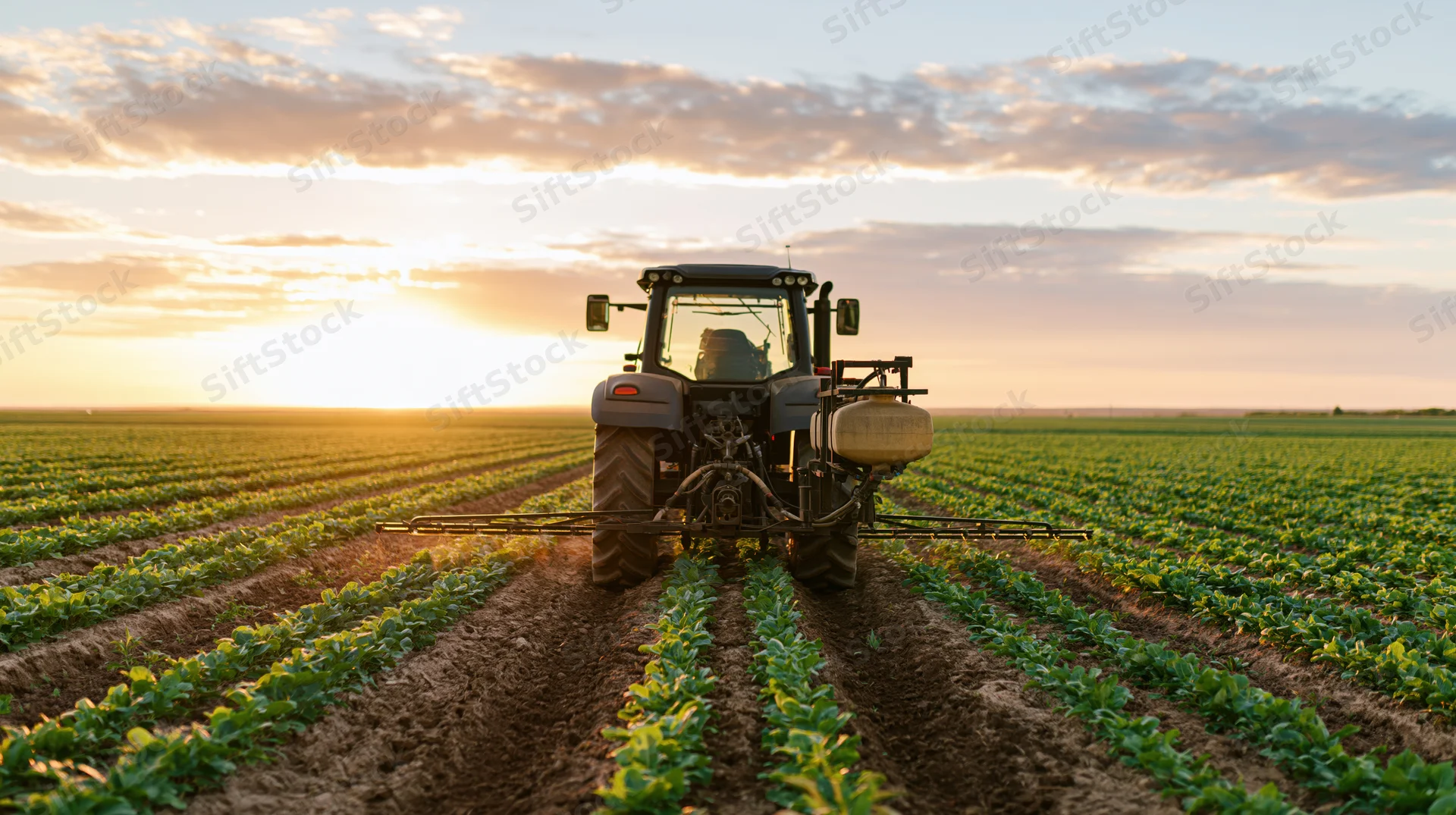 Tractor moving through rows of young crops in a field at sunset