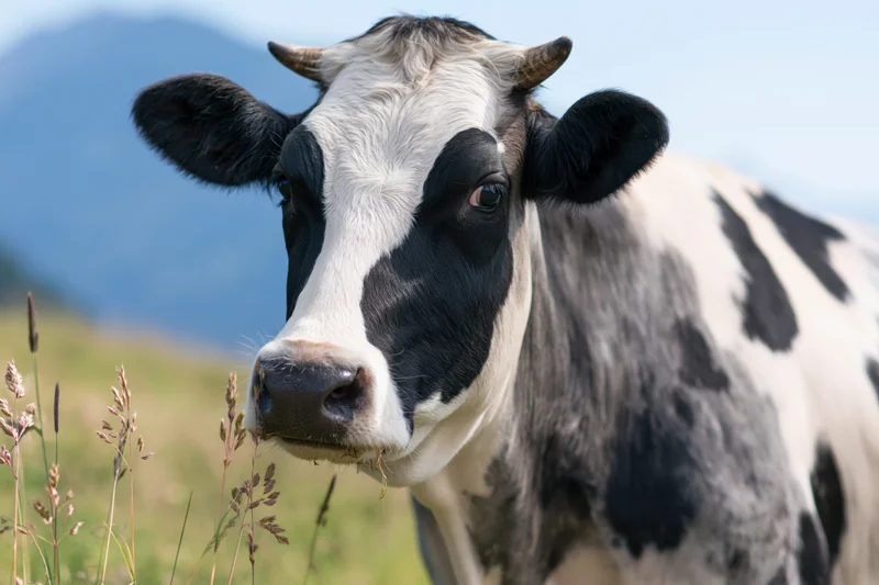 Black and white holstein cow turning head toward camera in grassy pasture with mountains in background