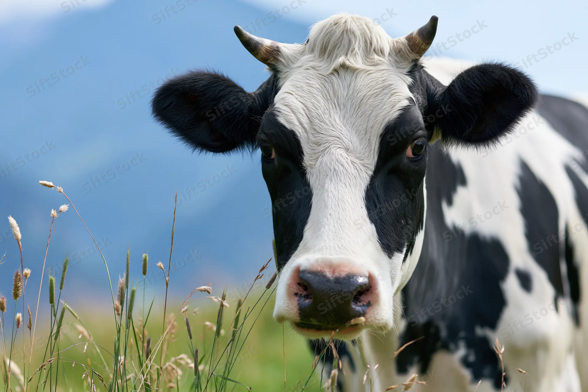 Black and white holstein cow facing camera in a grassy pasture with mountains in the background