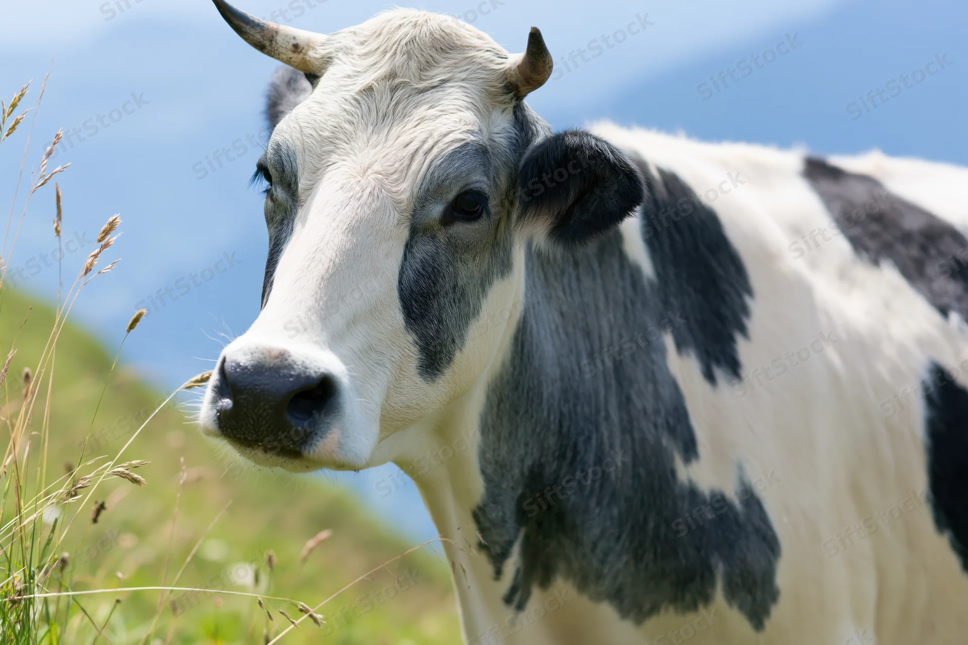 Black and white holstein cow turning head toward camera in grassy pasture with mountains in background