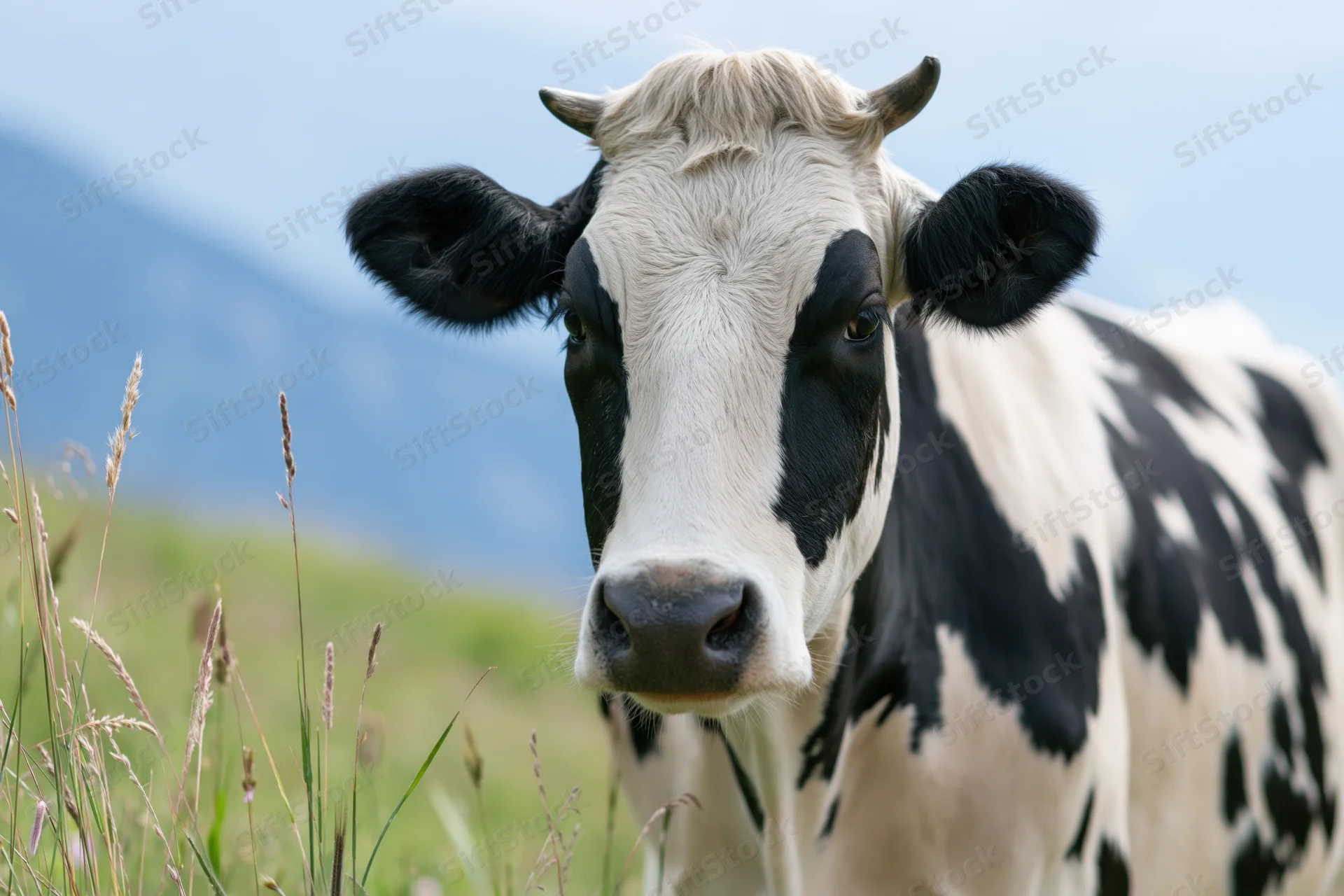 Black and white holstein cow facing camera in a grassy pasture with mountains in the background