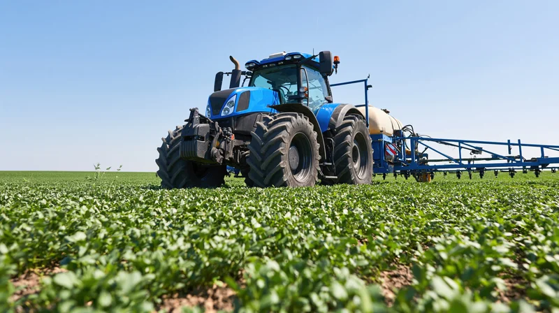 Blue tractor pulling spray boom across green soybean field