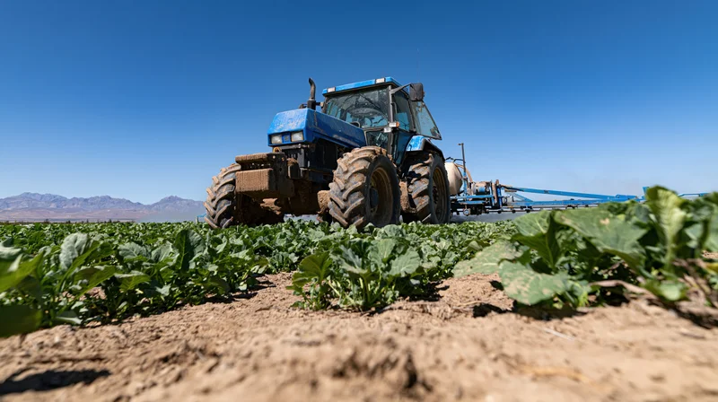Blue farm tractor spraying crops across agricultural field