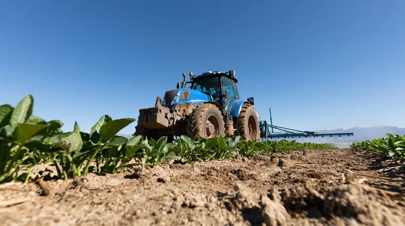 Blue farm tractor spraying crops across an agricultural field