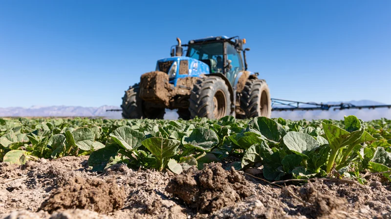 Blue farm tractor spraying crops across a wide flat agriculture