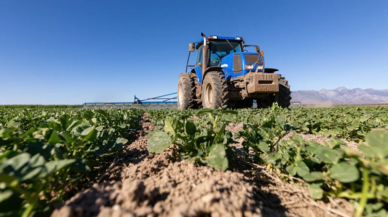 Blue tractor spraying crops in a wide flat agricultural field under clear sky