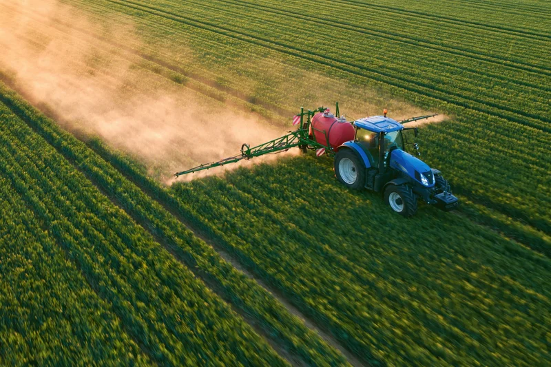 Blue tractor pulling a red crop sprayer across a green field