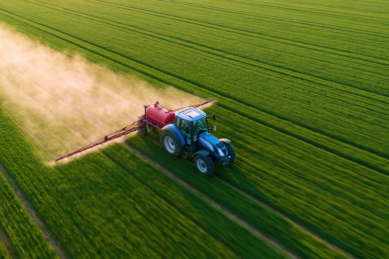 Tractor Sprayer Across a Lush Green Field in Action