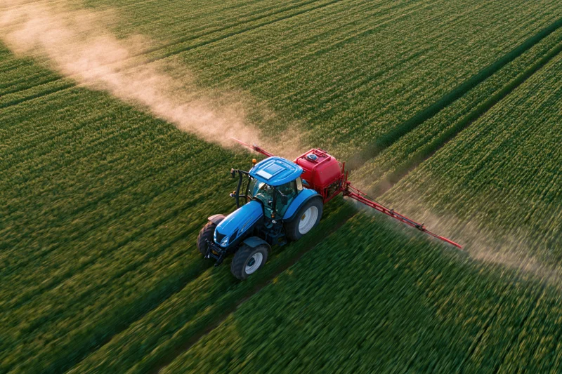 Blue tractor pulling a red crop sprayer across a green field