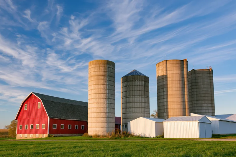 Red barn and metal silos on a green field under a blue sky with wispy clouds