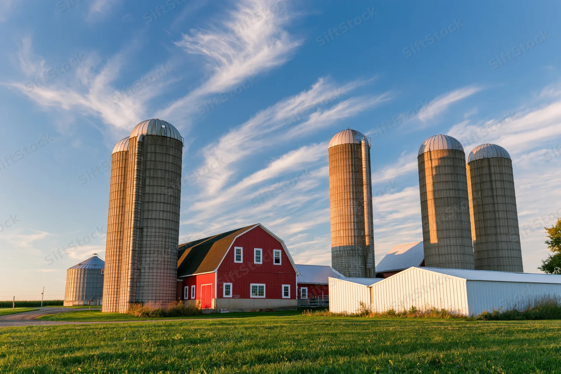 Red barn with multiple metal silos on a grassy field under a blue sky with wispy clouds at sunset