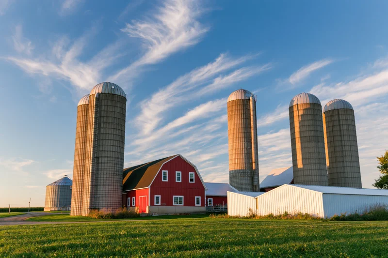 Red barn with multiple metal silos on a grassy field under a blue sky with wispy clouds at sunset