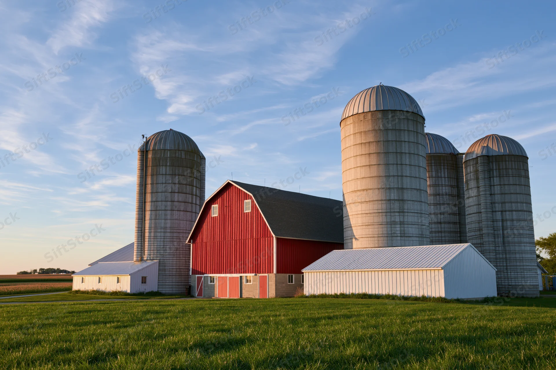 Red gambrel barn with metal silos and white outbuildings on a green field under a blue sky at sunset