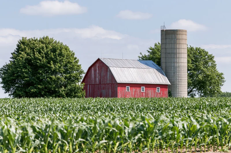 Red wooden barn with concrete silo standing in a cornfield under a partly cloudy sky