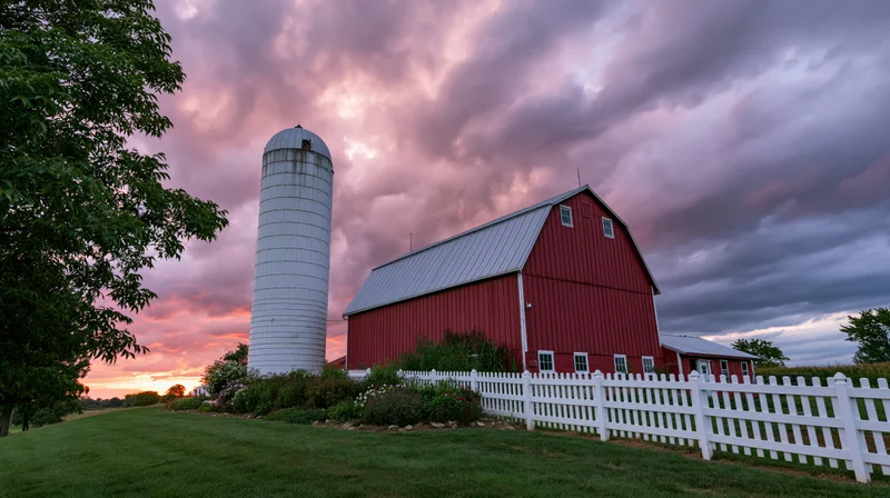 Red barn with white silo and picket fence under dramatic twilight sky