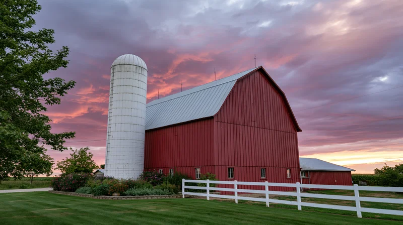 Red barn with white silo at sunset in rural countryside