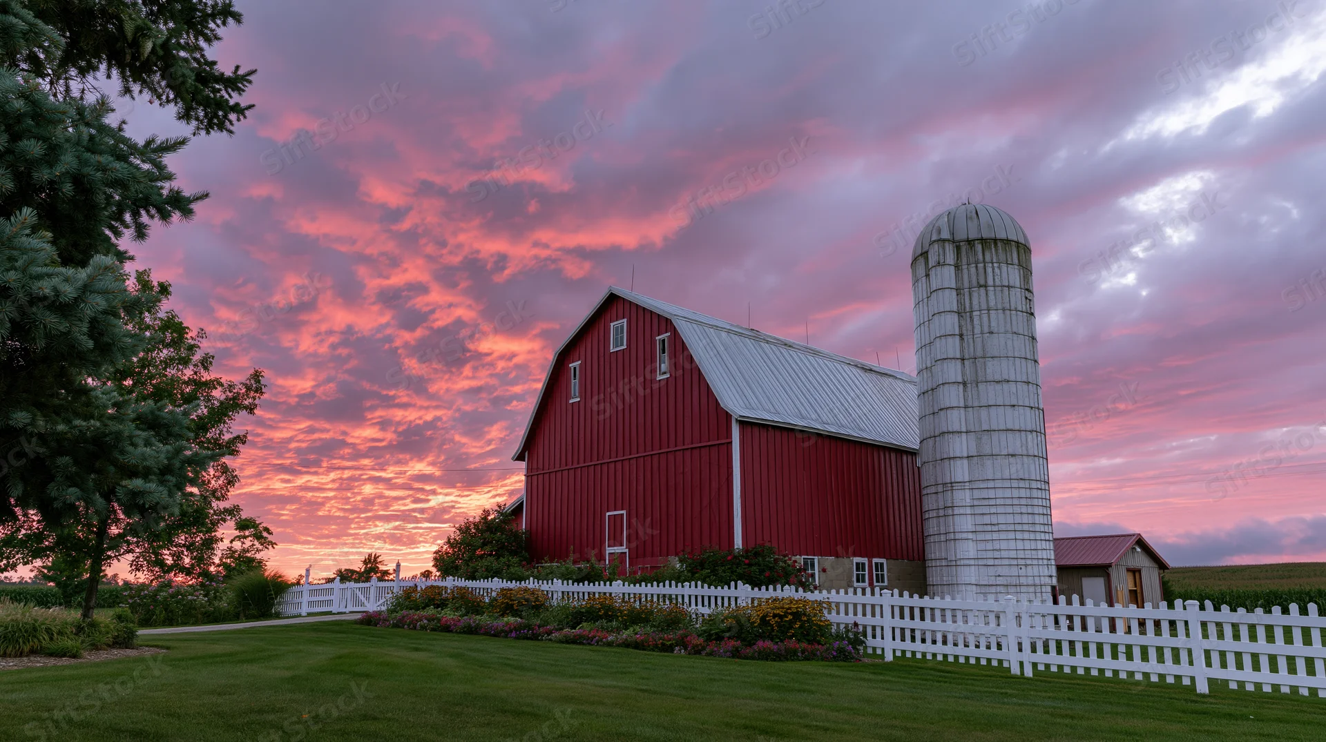 Red barn with white silo and picket fence under pink sunset sky in rural countryside