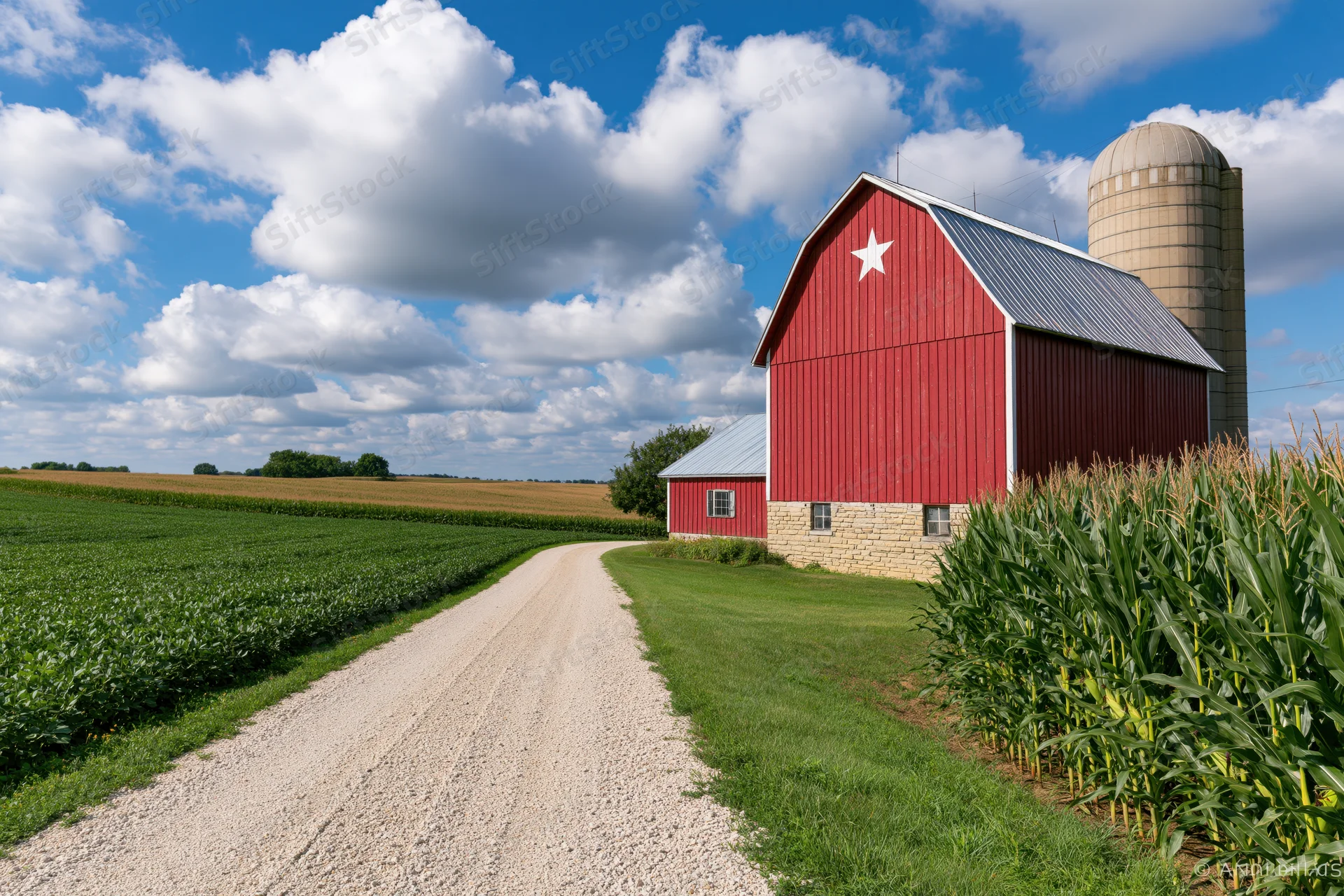 Red barn with white star and silo beside cornfield and gravel path under blue sky with clouds