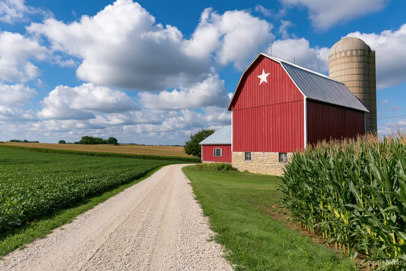 Red barn with white star and silo beside cornfield and gravel path under blue sky with clouds