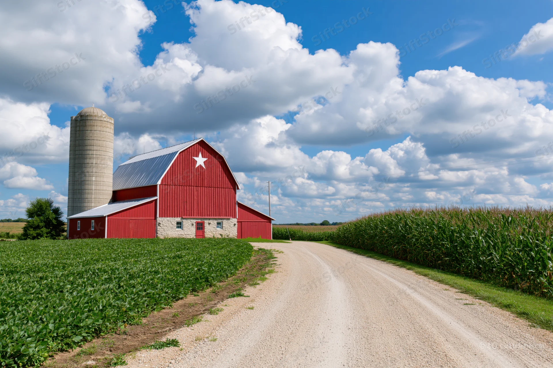 Red barn with white star and silo beside gravel road through corn and soybean fields under blue sky with clouds