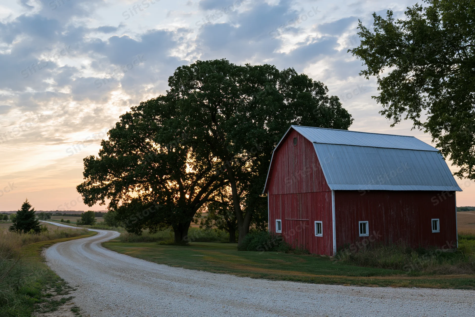 Red gambrel-roofed barn beside a gravel road in a midwestern rural landscape at sunset