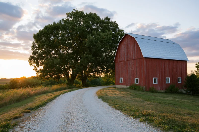 Red gambrel-roofed barn beside a gravel road on a midwestern farm at sunset