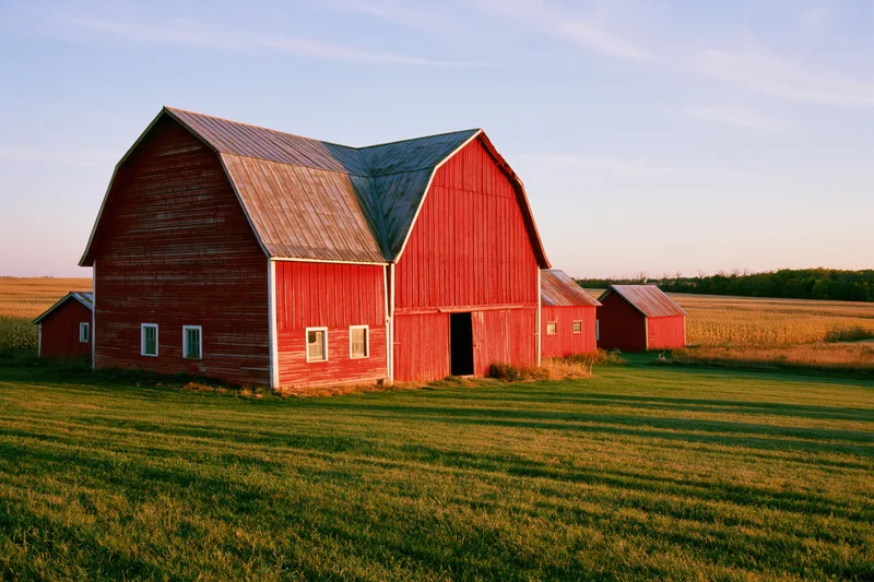 Red gambrel barn with open door on flat farmland at sunset