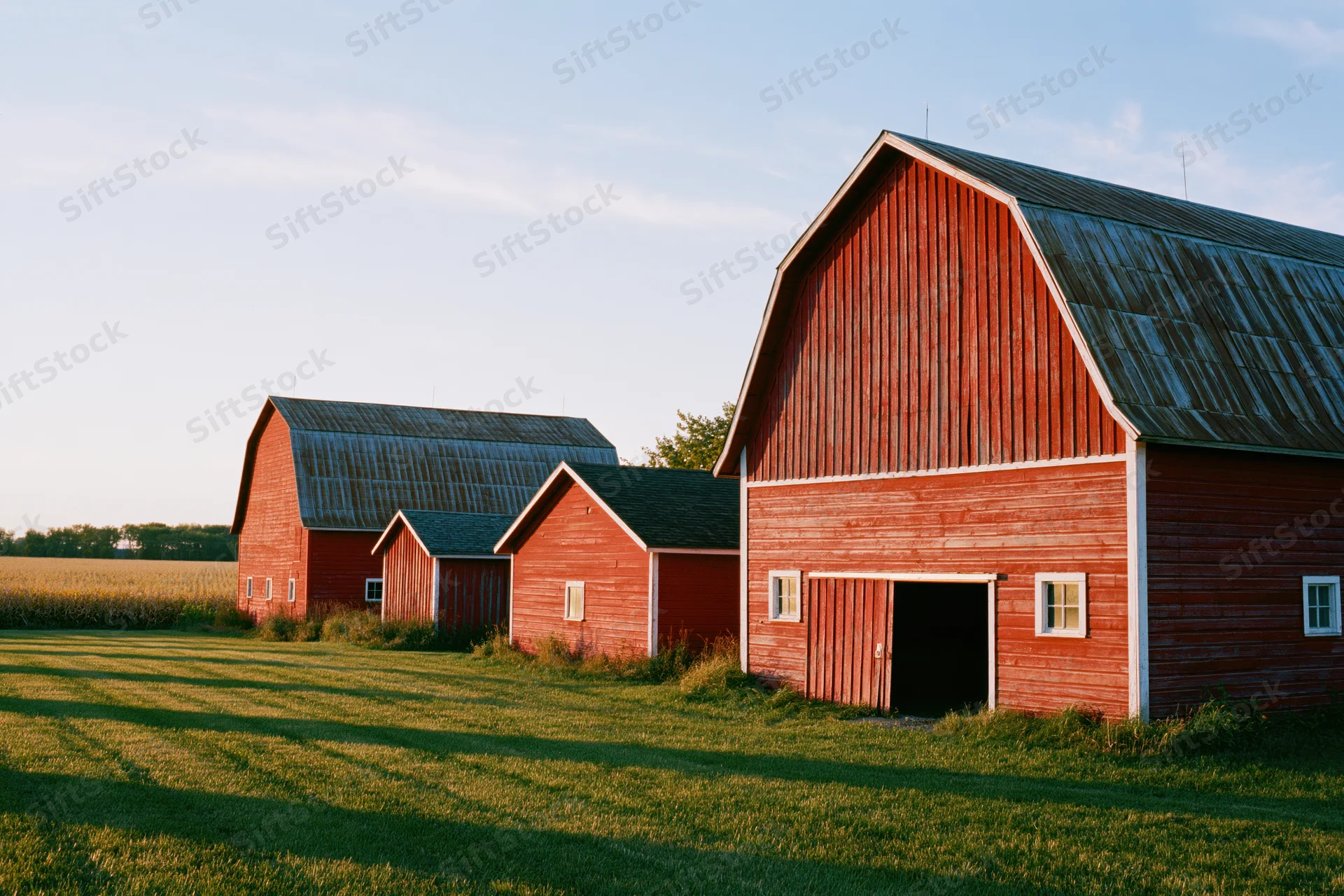 Red gambrel barns with open doors standing in a grassy field beside a cornfield under a clear blue sky at sunset