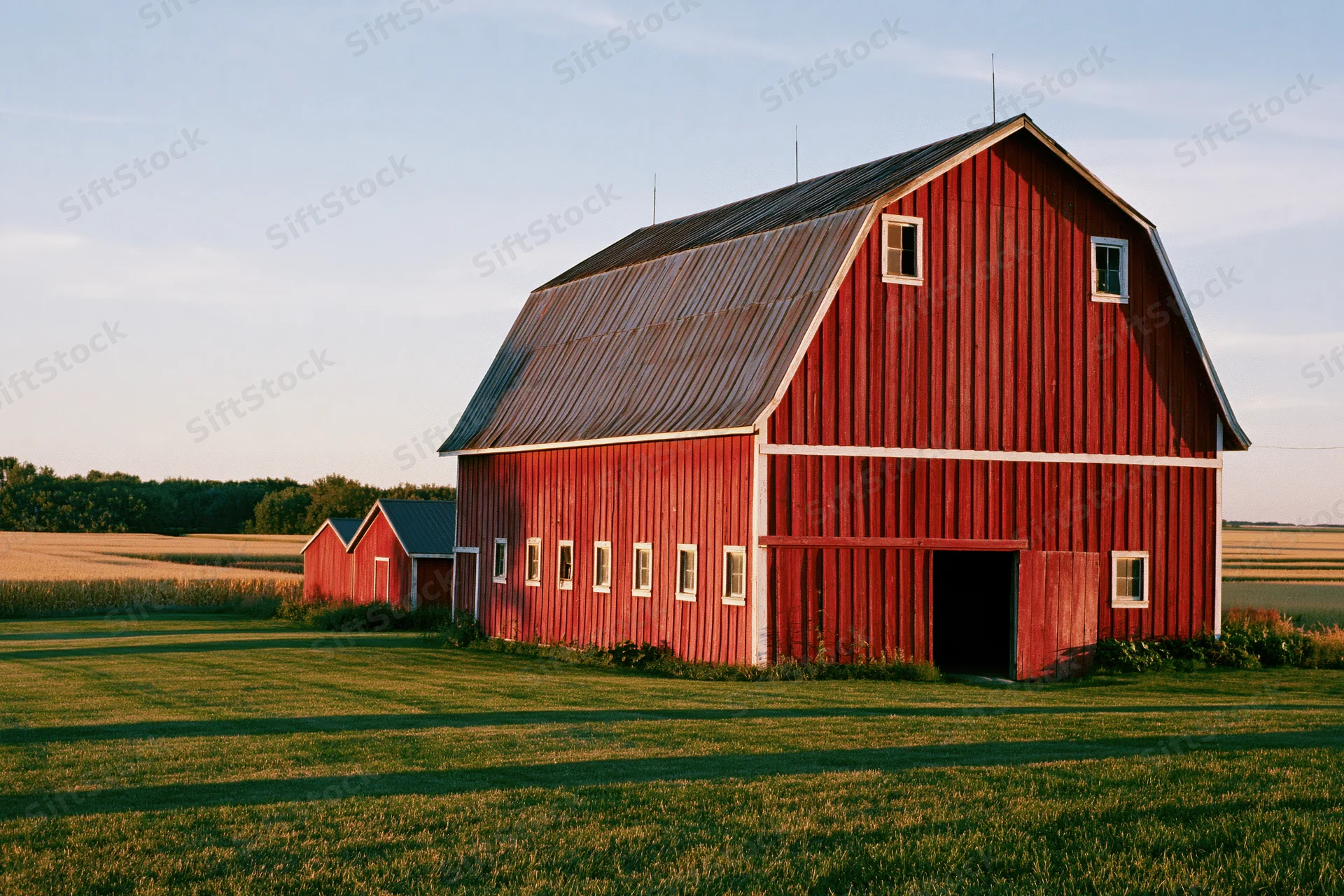 Red gambrel barn with open door on flat farmland under blue sky at golden hour