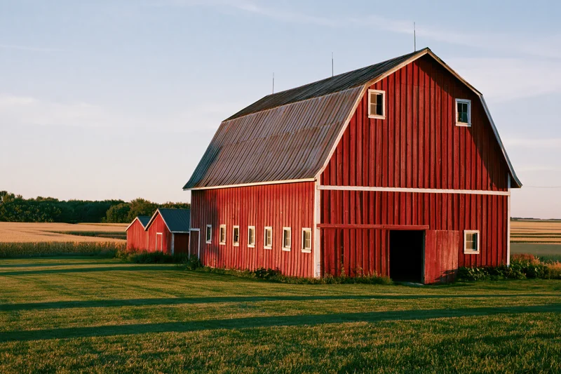 Red gambrel barn with open door on flat farmland under blue sky at golden hour