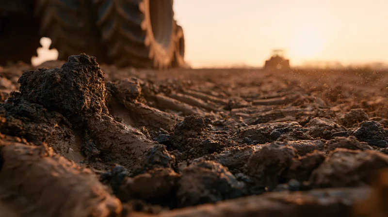 Close-up of a muddy tractor tire in a plowed field at sunset