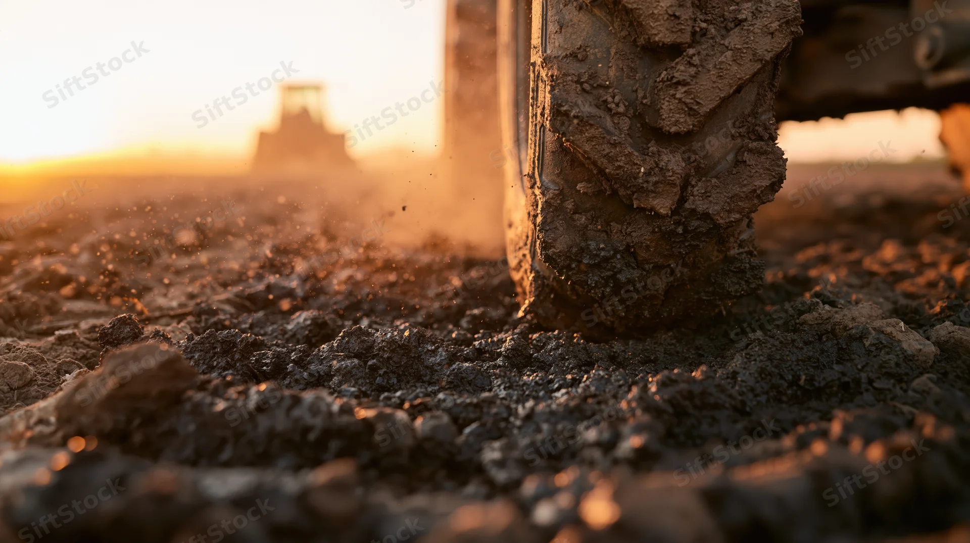 Close-up of a muddy tractor tire on a field at sunset
