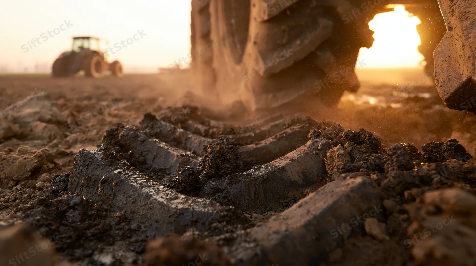 Close-up of a muddy tractor tire track in a field at sunset