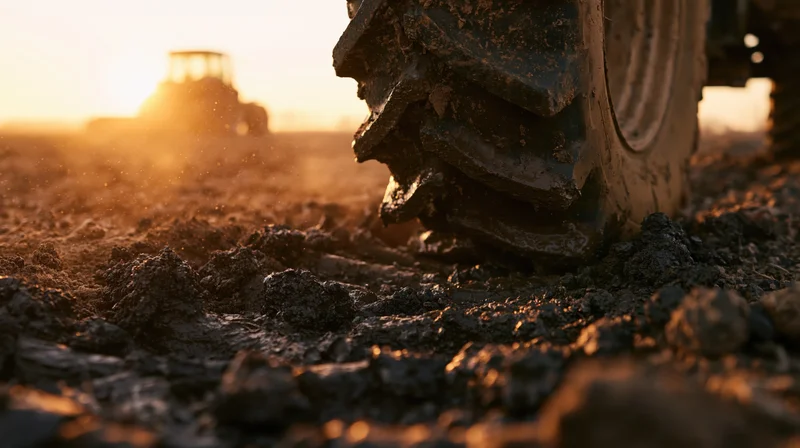 Close-up of a muddy tractor tire in a field at sunset