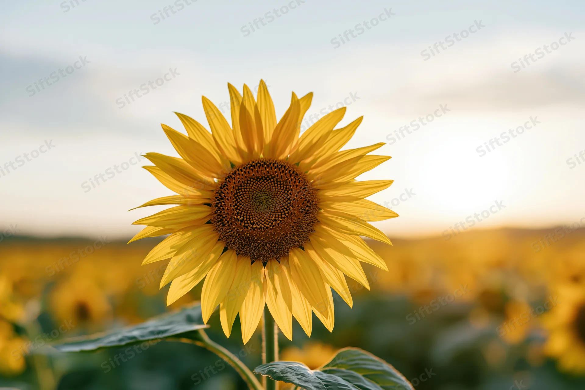 Close-up of a sunflower in full bloom in a field at golden hour