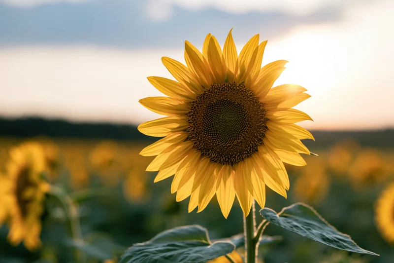 Close-up of a sunflower in full bloom centered in a field at sunset