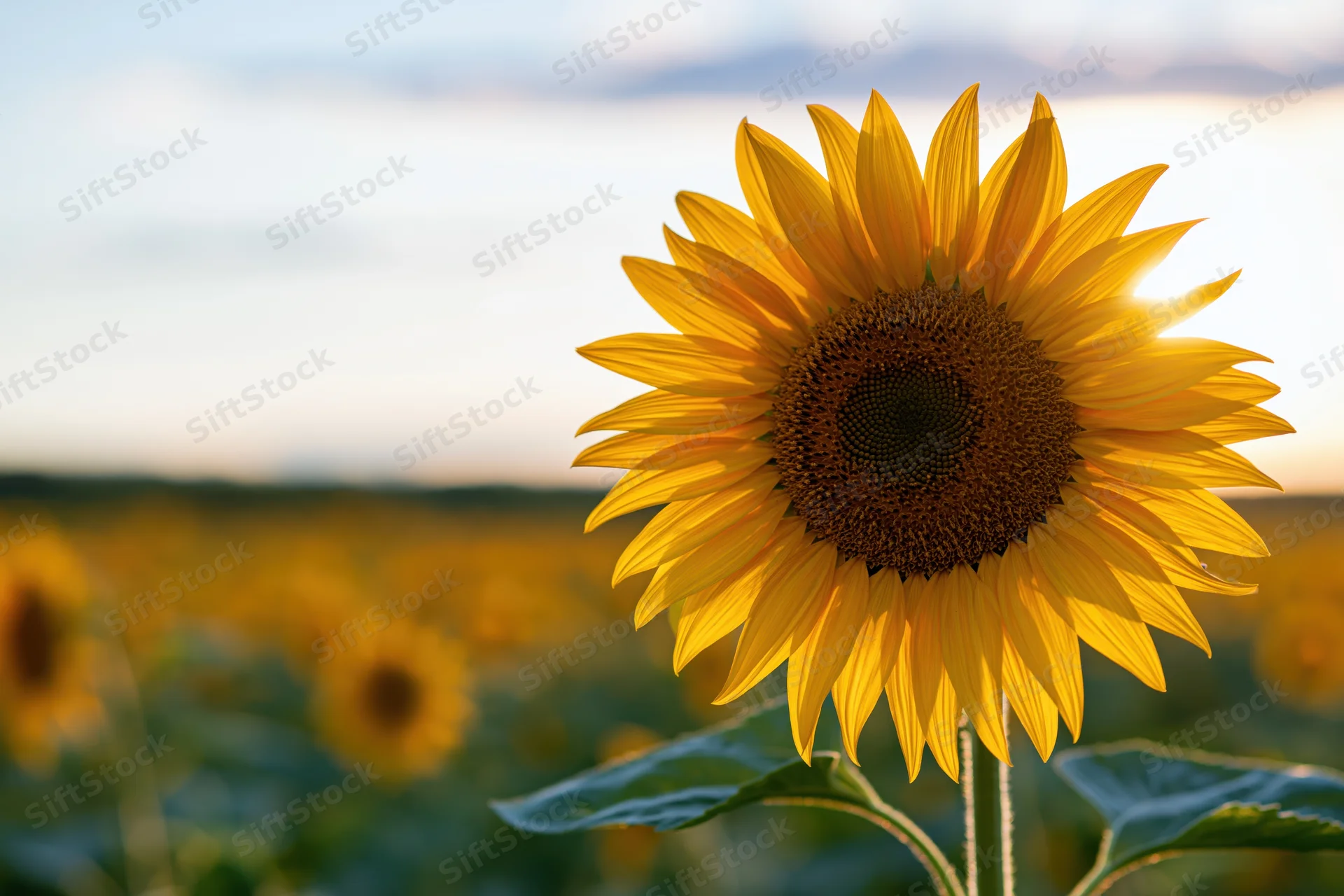 Close-up of a large sunflower in full bloom in a field at sunset