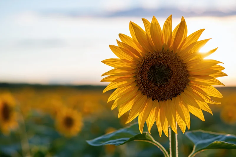 Close-up of a large sunflower in full bloom in a field at sunset