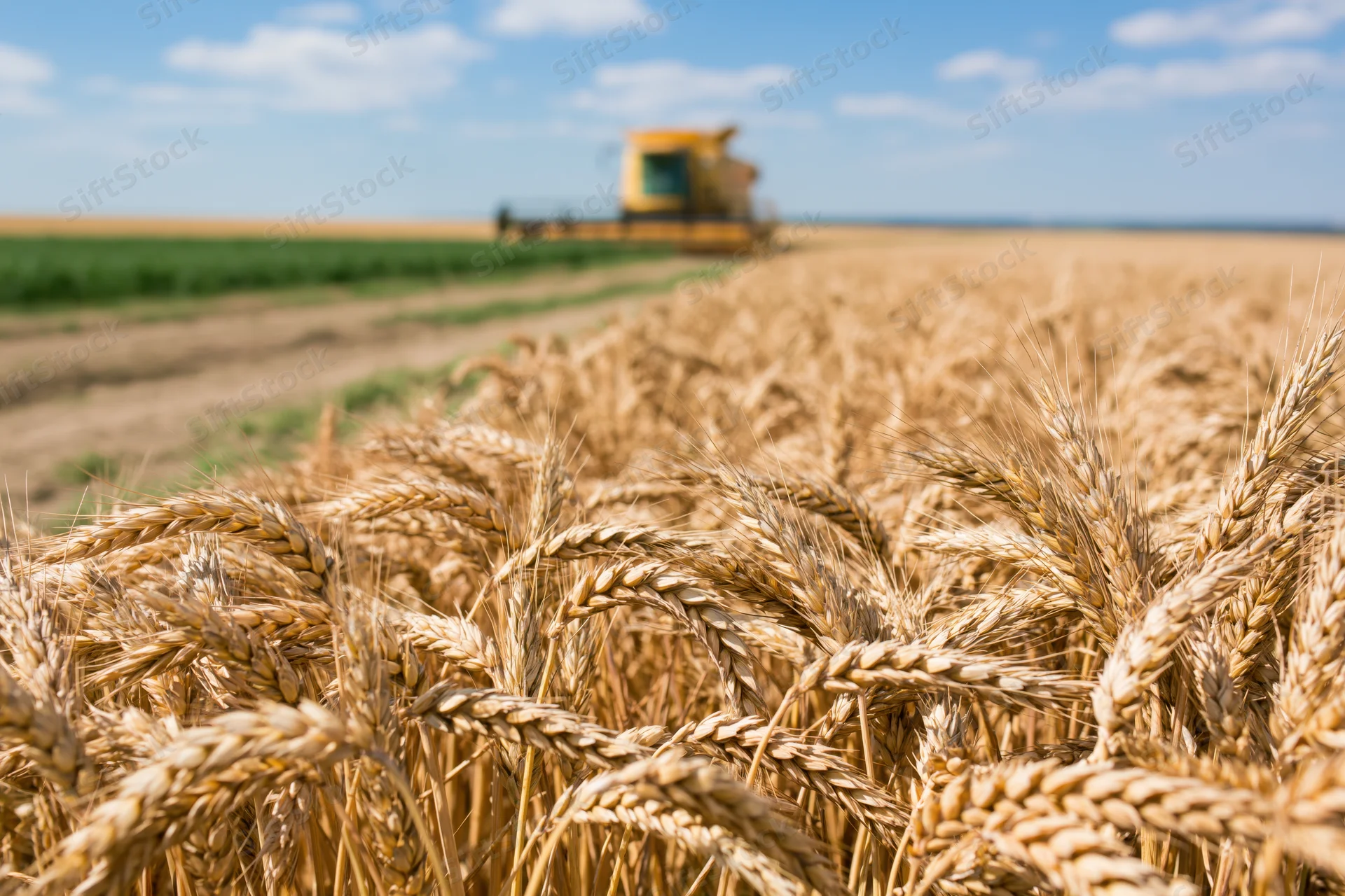 Close-up of ripe golden wheat stalks in a field with a combine harvester in the background
