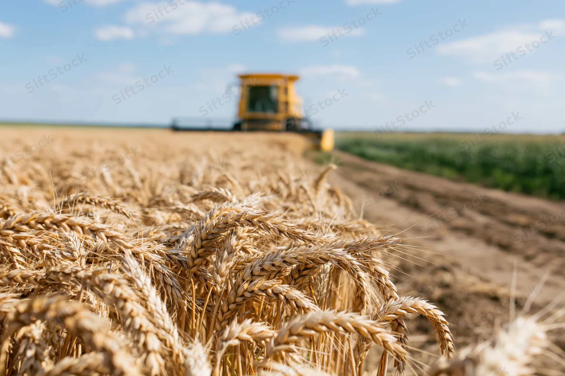 Close-up of ripe golden wheat stalks in a field with a combine harvester in the background during harvest