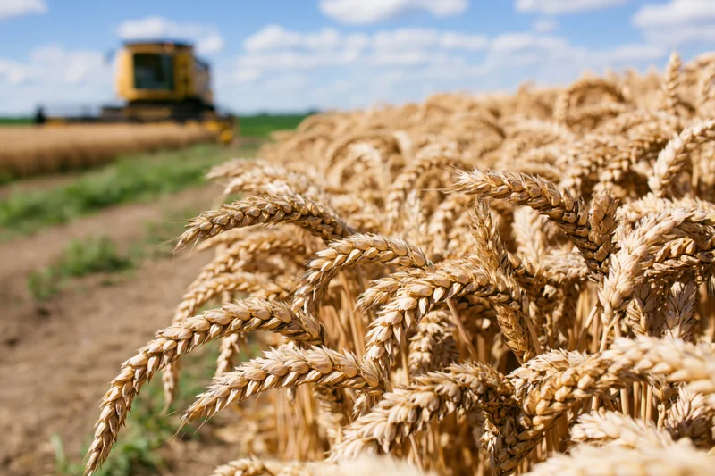 Close-up of ripe golden wheat stalks in a field with a combine harvester in the background during summer harvest