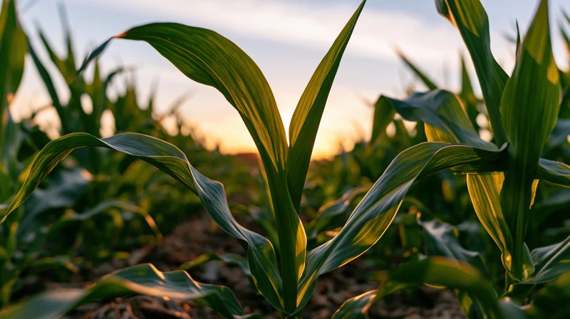 Young corn plants growing in a field at sunset