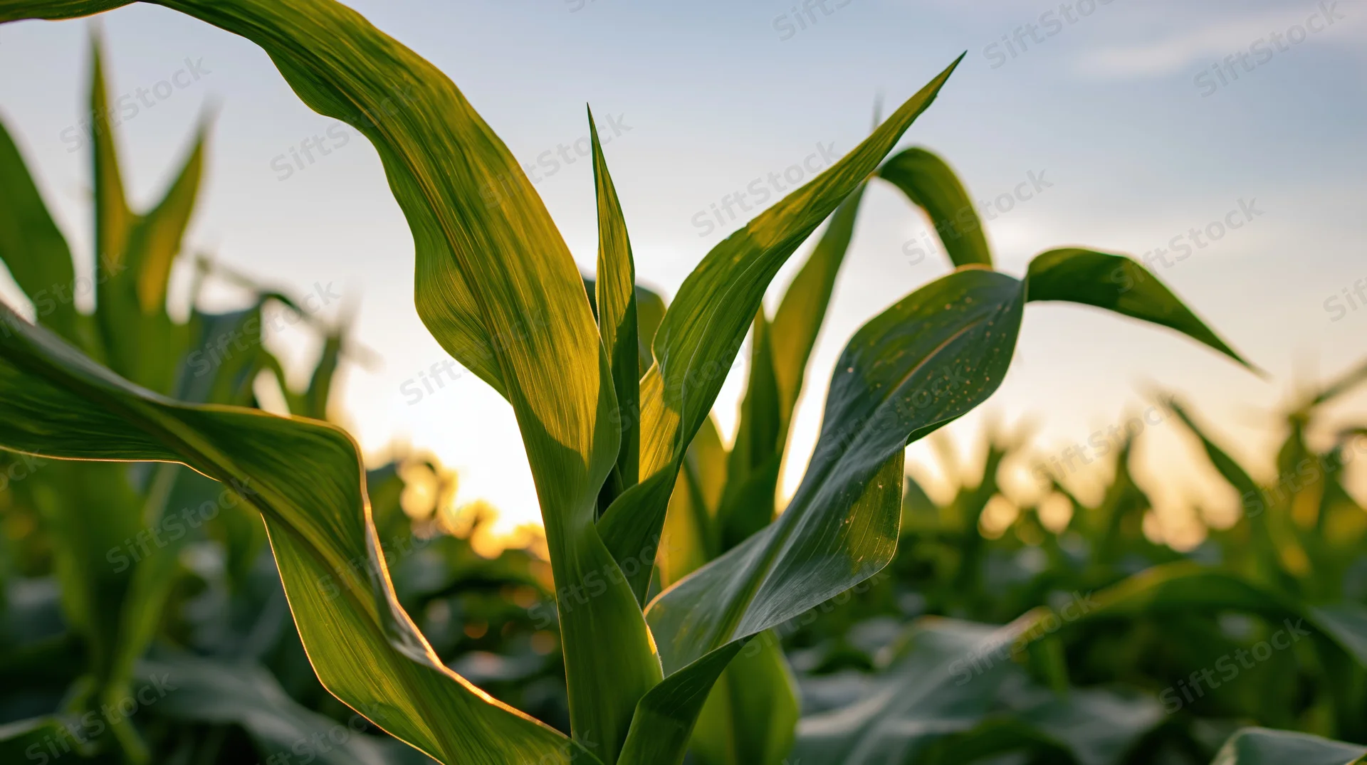 Close-up of young corn stalks with broad green leaves in a field at sunrise